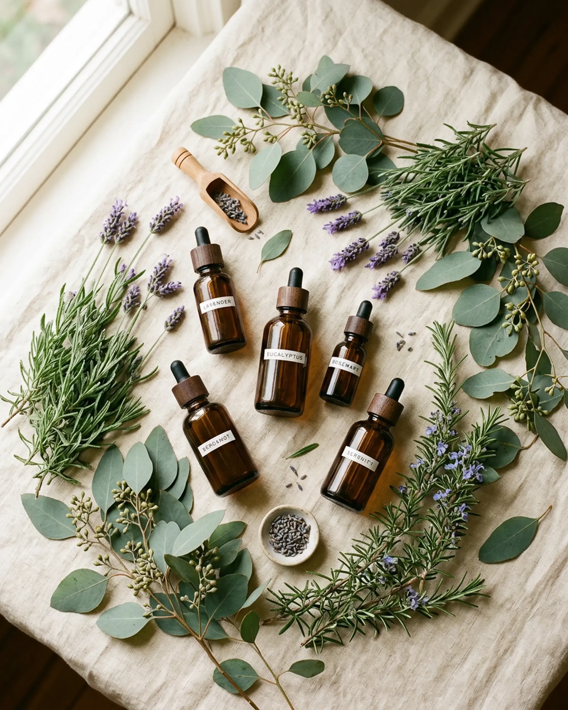 Uleiuri esențiale și plante aromatice așezate pe o suprafață caldă, crem